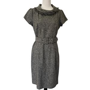 Talbots Gray Tweed Belted Sheath Dress Fringed Collar Silk Wool Blend Sz 10